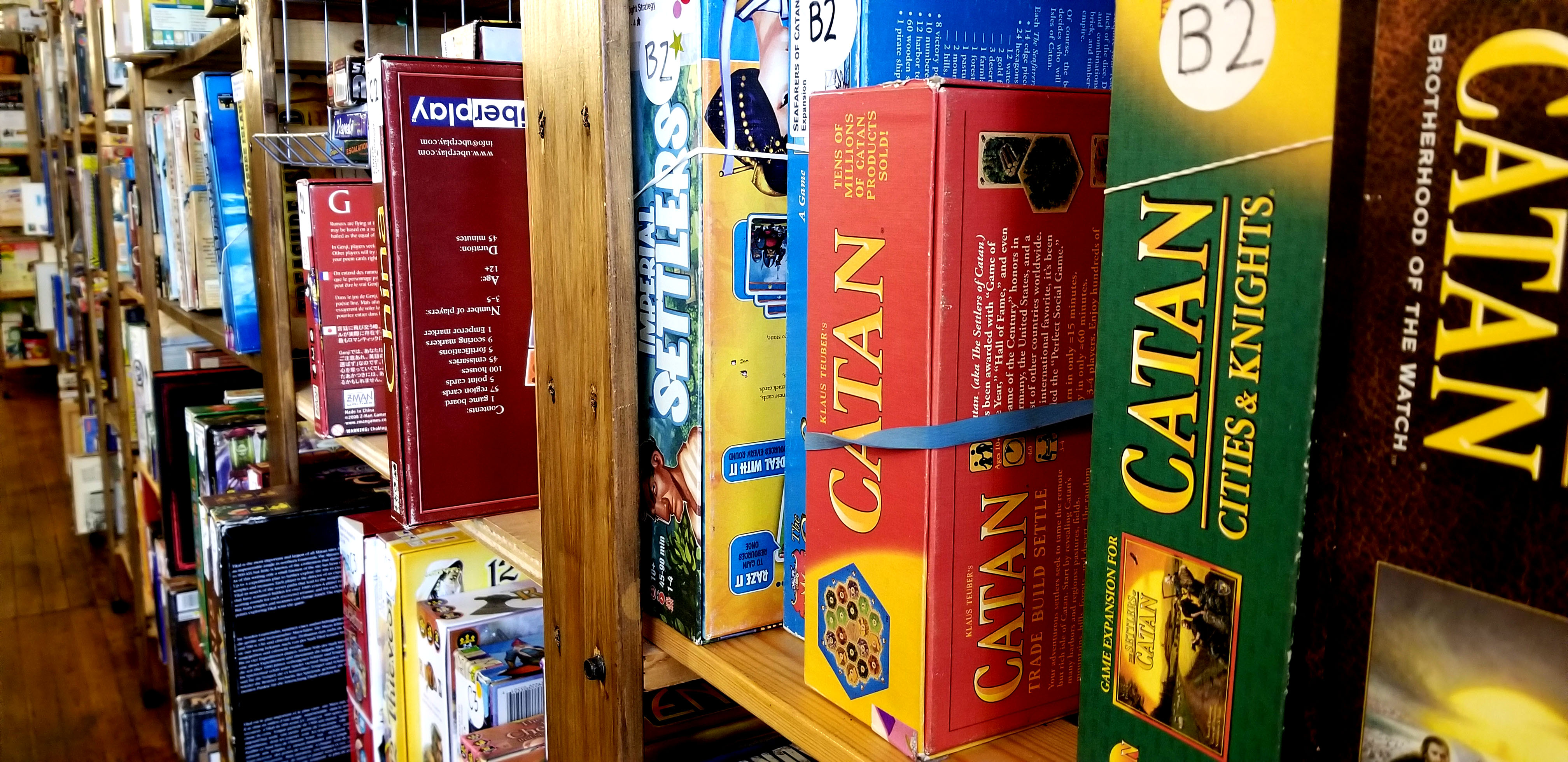 A shelf of board games